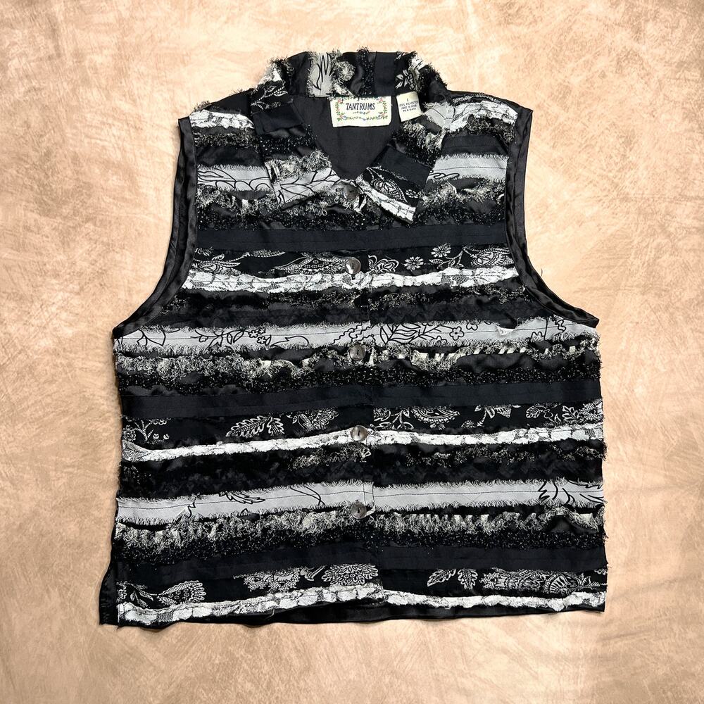 Vintage 90s Ruffled Striped Vest Floral Black White Sleeveless Whimsigoth Goth